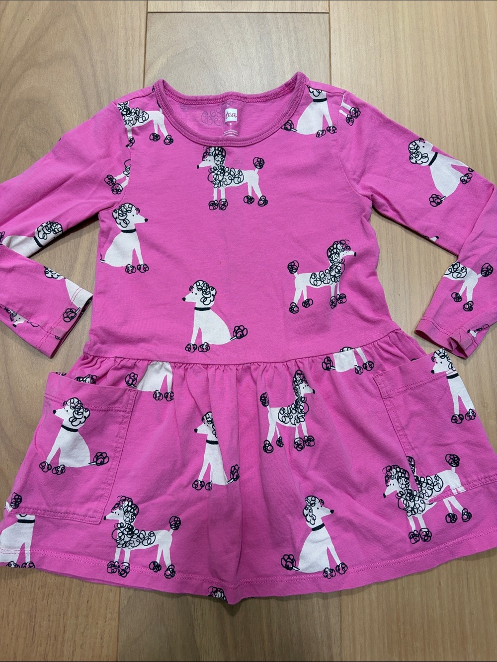 Tea Collection Pink Poodle Pocket Long-Sleeve Dress EUC